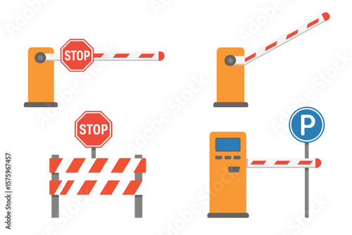 Automatic Car Barrier Gates and Parking Payment Machine. Open and Closed Road Barriers with Stop and Park Signs. Construction Barricade, Road Block, Access Control, Security, Parking Lot Entrance