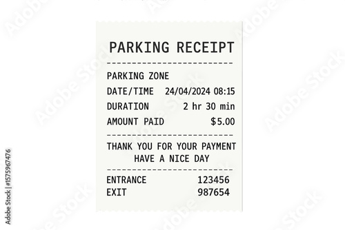 Parking receipt template for car parking zone, payment station paper ticket, entrance and exit code, price for parking duration, vehicle ticket machine, isolated vector