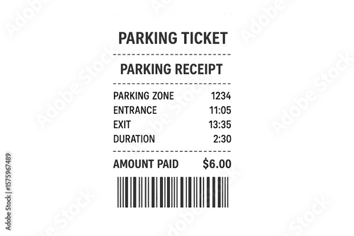 Parking ticket receipt template. Paper parking receipt with barcode, payment details, parking zone, entrance and exit time, duration, car parking ticket, payment station, price