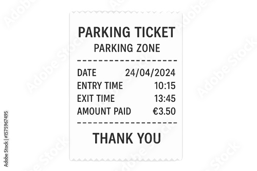 Parking ticket vector template. Paper parking receipt from ticket machine. Parking zone payment proof. Car parking entry and exit time. Price paid. Automated payment station concept