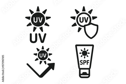 UV Protection Icon Set, Ultraviolet Radiation Sun Symbols, SPF Sunscreen Pictograms, Skincare and Cosmetic Safety, Sunblock Shield, UV Block, Sun Care Vector Illustration