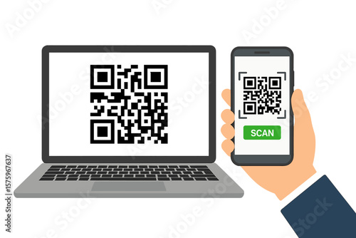 QR code scanning with smartphone on laptop screen. Digital barcode reader technology. Mobile authentication, secure login, verification, contactless payment, machine-readable code