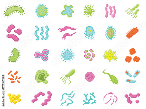 Pixel art bacteria and virus. Microscopic virus, germ, bacillus, microbe shapes and viral molecules. Pixelated microorganism, 8 bit microscope retro game art isolated vector icons.