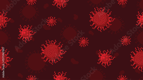 Virus pixel art pattern. Pandemic digital wallpaper with pixelated microbes. 8 bit disease or infection cells, retro game art microbiology seamless vector background illustration.