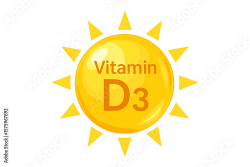 Vitamin D3 Sun Icon, Bright Yellow Capsule, Sunshine Symbol for Nutrition, Immune Support, Skin Care, Pharmacy, Diet, Health Supplement, Vector Illustration