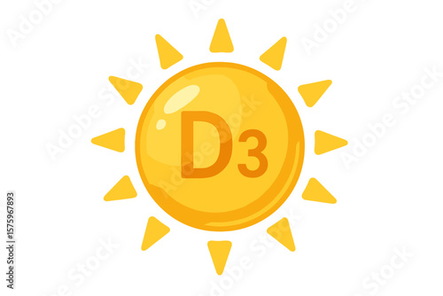 Vitamin D3 Sun Icon, Shining Yellow Capsule, Sunshine, Health Supplement, Nutrition, Skin Care, Pharmacy, Diet, Immune Support, Vector Illustration