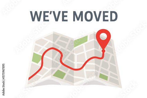 We've Moved Announcement Vector – Folded City Map with Route, Red Pin Location Marker, Change of Address, New Office Relocation, Navigation, Moving Notice, Urban Streets, Business Update
