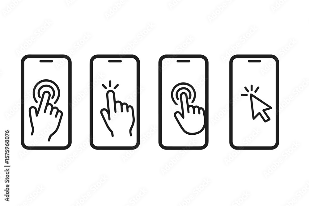 Smartphone touch screen gesture icons set. Hand tap, click, touch, cursor pointer actions on mobile phone. User interface interaction, touchscreen navigation, device control concepts Smartphone touch screen gesture icons set. Hand tap, click, touch, cursor pointer actions on mobile phone. User interface interaction, touchscreen navigation, device control concepts