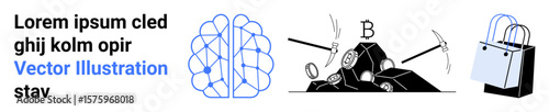 Brain diagram linked to data, tools mining resources, and shopping bag emphasizing commerce. Ideal for technology, innovation, mining, data analysis, e-commerce, business growth flat landing page