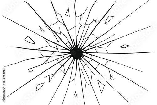 Broken glass with cracks and bullet hole. Shattered window surface texture. Abstract background of destruction. Vandalism, crime, impact, accident concept. Vector illustration.