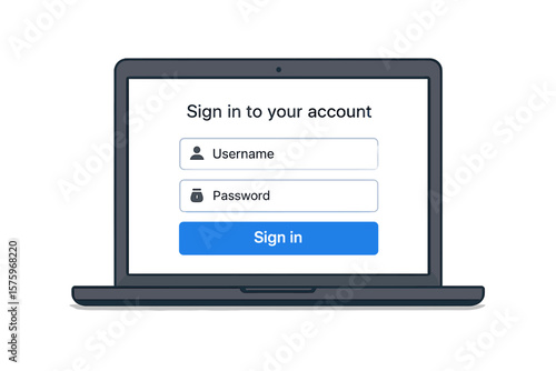 Secure Login Page Vector Illustration. User Authentication Form on Laptop Screen. Username Password Input Fields. Modern Web Sign In Interface. Data Privacy, Account Access, Authorization Concept