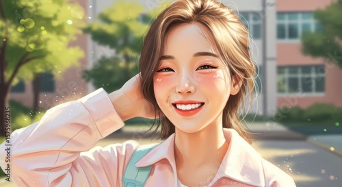 Smiling girl in light pink jacket, outdoors, sunlight, pastel colors, cheerful