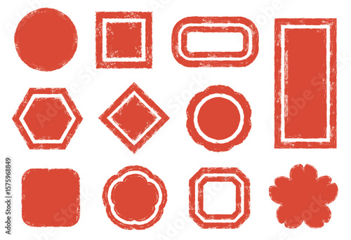 Japanese style stamp frames. Distressed terracotta stamp circle, square, lotus flower and rectangle shapes with grunge texture. Hand stamped effect border backgrounds vector set.