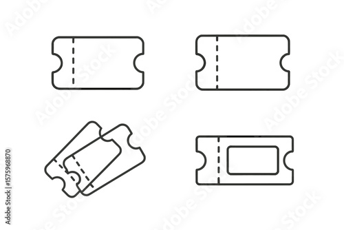 Set of 4 Minimalist Ticket Icons, Outline Vouchers, Coupon Symbols, Thin Linear Style, Event Admission, Raffle, Concert, Movie, Template for Web and Mobile Applications, Vector Illustration