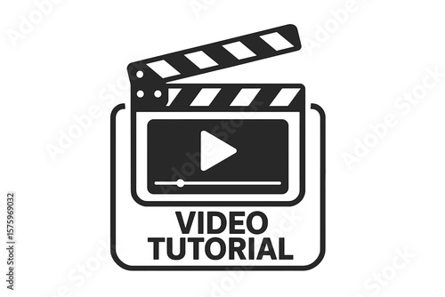 Video tutorial icon emblem. Clapperboard with play button. Online video player symbol. Movie cinema label. Film editing, video editor, streaming media, learning concept design