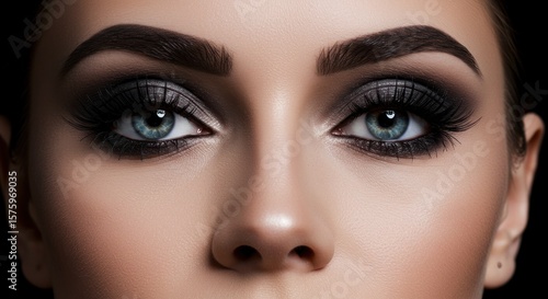Close-up of a woman's face with dramatic eye makeup.  Gray and black eyeshadow, defined eyebrows, and full lashes accentuate her blue eyes.  Skin is smooth and flawless