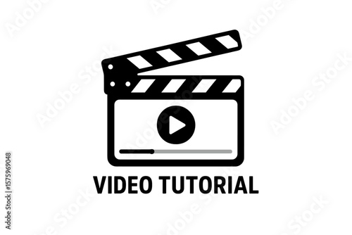 Video tutorial icon, clapperboard with play button, online cinema movie player interface, video editing emblem, streaming media label, digital film production symbol