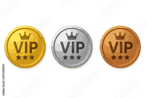 VIP Membership Badge Set. Gold, Silver, Bronze VIP Icons with Crown, Stars, Round Medals. Premium Member Labels, Loyalty Reward Levels, Exclusive Access, Elite Club, Vector Illustration