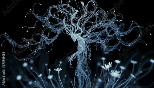 An ethereal glowing tree of life rises above a field of delicate white flowers on a dark background, creating a dreamlike scene.