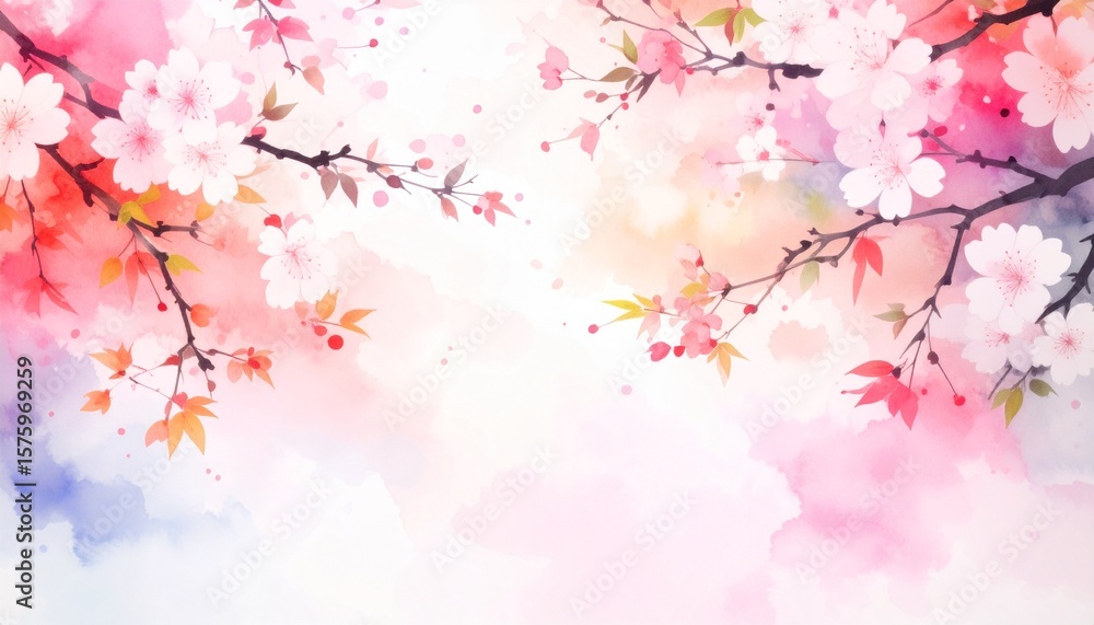 Obraz premium Watercolor cherry blossom background with delicate pink floral branches and soft gradients