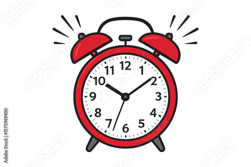 Red alarm clock ringing with a loud signal. Morning wake up call, getting up from bed. Retro mechanical time device, vintage bell. Deadline concept. Vector illustration.