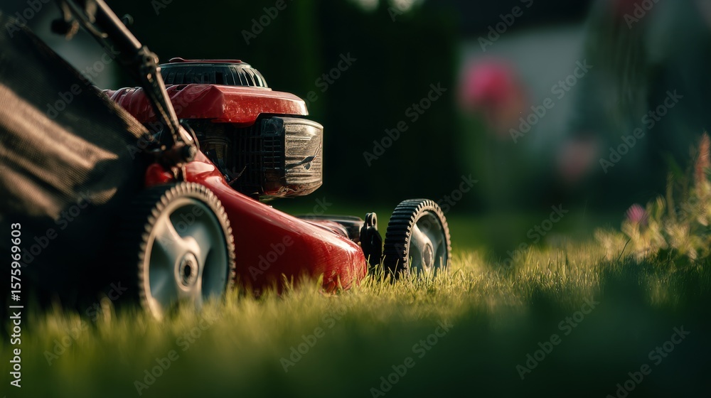 Fototapeta premium Close-up of red lawn mower trimming green grass in front of home with vibrant sunlight, showing sharp texture detail, shallow depth of field, and dynamic motion during outdoor lawn care activity