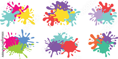 Colorful paint splashes. Color splash combinations, overlapping blots shapes, abstract ink splatter and liquid inkblots mix. Hand drawn paint drip spots vector set.