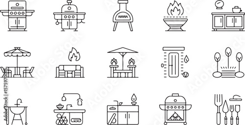 Collection of outdoor cooking and living icons including grills fire pits patio furniture sinks and cooking utensils for summer backyard activities