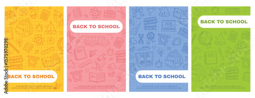 School posters. Hand drawn Back to school backgrounds with educational doodles like books, backpacks and microscopes. School supplies pattern print designs vector set.