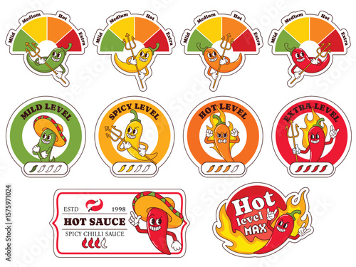 Spice level labels. Chili peppers heat indicators with mild, spicy, hot and extra levels, spicy sauce label with cartoon pepper mascot. isolated vector templates set.