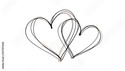 Two intertwined handdrawn hearts in black outline, symbolizing love and connection, isolated on a transparent background