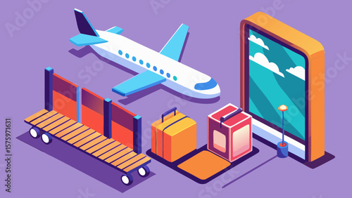 Modern Isometric Suitcase Standing Beside Airpl
