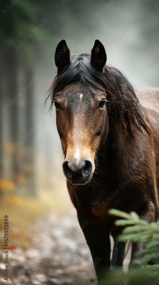 Obraz premium Brown horse standing calmly in a misty forest during the early morning light surrounded by soft autumn colors