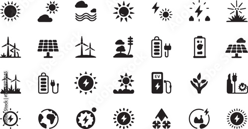 Collection of black and white icons representing renewable energy sources and environmental concepts including sun wind turbines solar panels batteries and electric vehicles