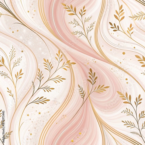 Golden Foliage and Swirling Pink Marble Pattern