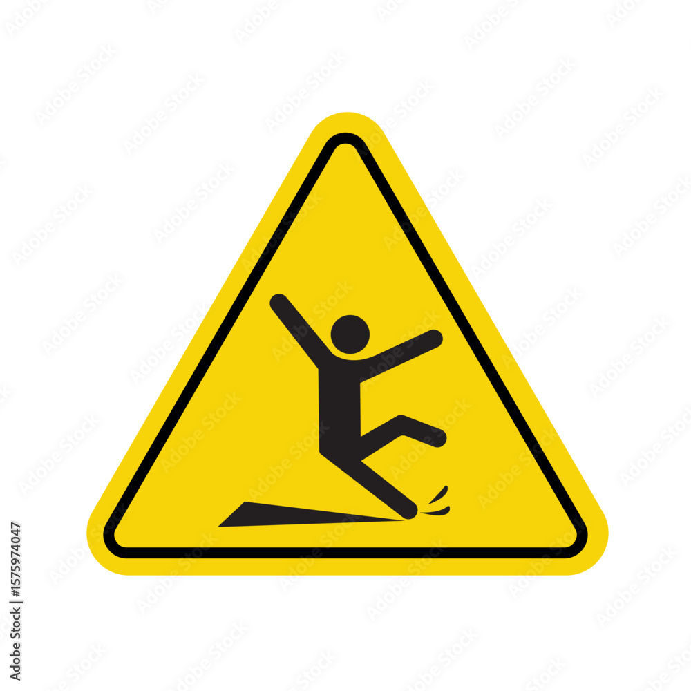 Slip hazard warning sign, yellow triangular caution symbol, wet floor alert for safety awareness Slip hazard warning sign, yellow triangular caution symbol, wet floor alert for safety awareness