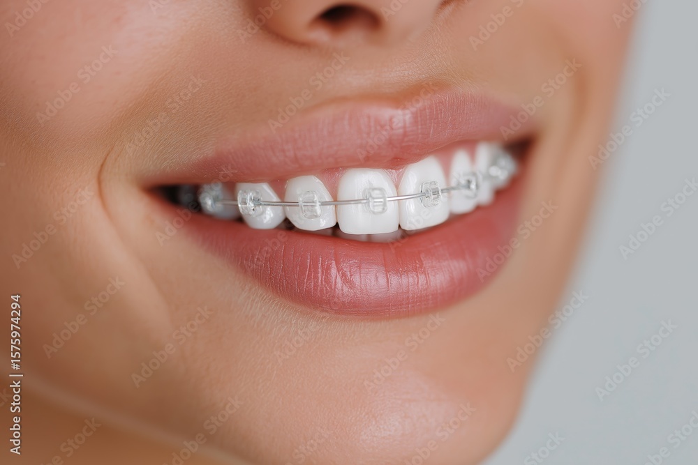 Fototapeta premium Close-up of female smile with clear dental braces on white teeth