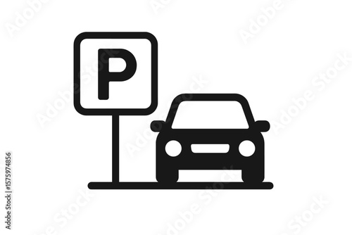 Car parking icon with P sign symbol. Vehicle park area or zone pictogram. Automobile traffic road sign for public transport location. Flat vector graphic illustration.