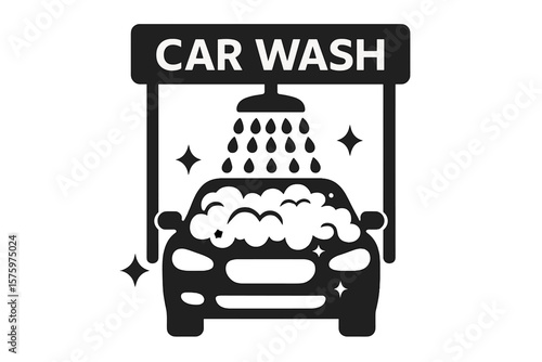 Car wash service icon vector illustration. Automobile cleaning station symbol. Auto detailing with foam shampoo and water spray. Shiny clean transport vehicle silhouette design.