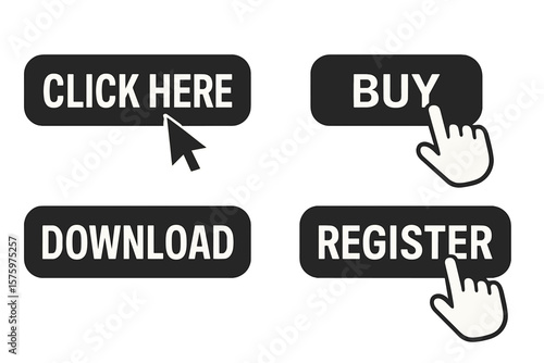 Set of call to action buttons for website UI. Click here, buy now, download and register web elements. Mouse cursor and hand pointer clicking a link or a cta button.