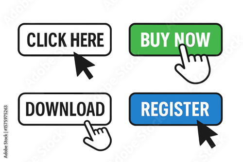 Set of action buttons for website. Click here, buy now, download, register icons. Mouse cursor and hand pointer clicking button. Call to action element vector collection.