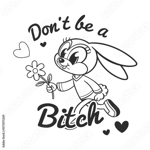 The rabbit is depicted mid-stride, a single daisy flower in its outstretched hand. 