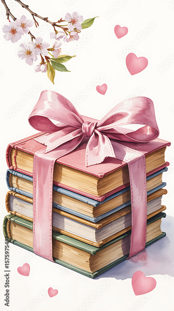 Fototapeta premium Stack of books tied with a pink ribbon surrounded by cherry blossoms and hearts