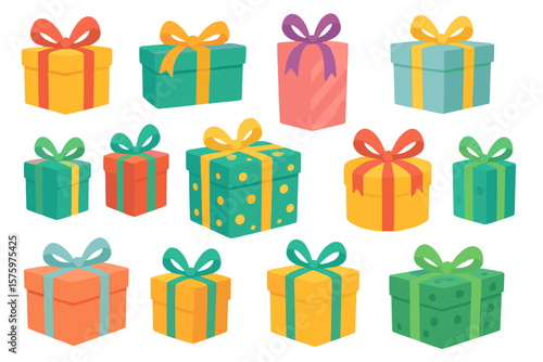 Colorful gift box vector set. Collection of presents with ribbons for birthday, Christmas, holiday celebration. Surprise packages illustration isolated. Cartoon flat design icon.