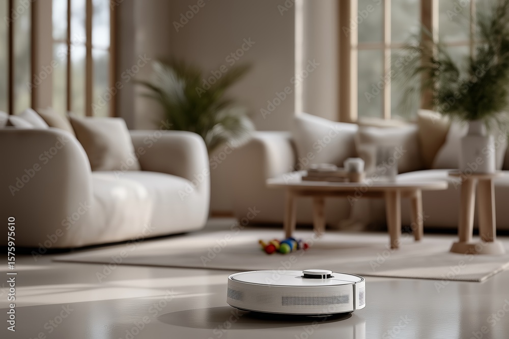 Fototapeta premium Smart robot vacuum cleaning modern cozy living room with natural light