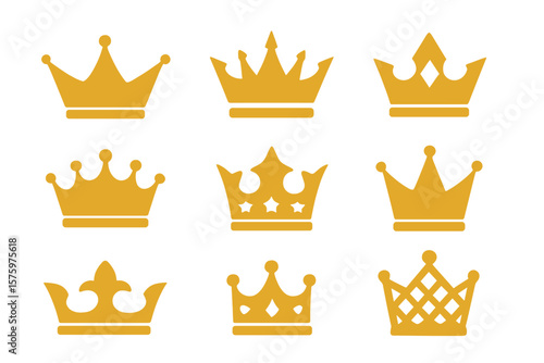 Crown vector collection. Gold crown icon set. King and queen royal symbols. Exclusive VIP premium signs. Luxury heraldic emblem. Flat design graphic element illustration.