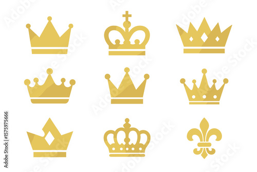 Gold crown vector icon set. Royal king and queen symbols for luxury, premium, and VIP branding. Heraldic monarchy emblems and fleur-de-lis. Flat design illustration.