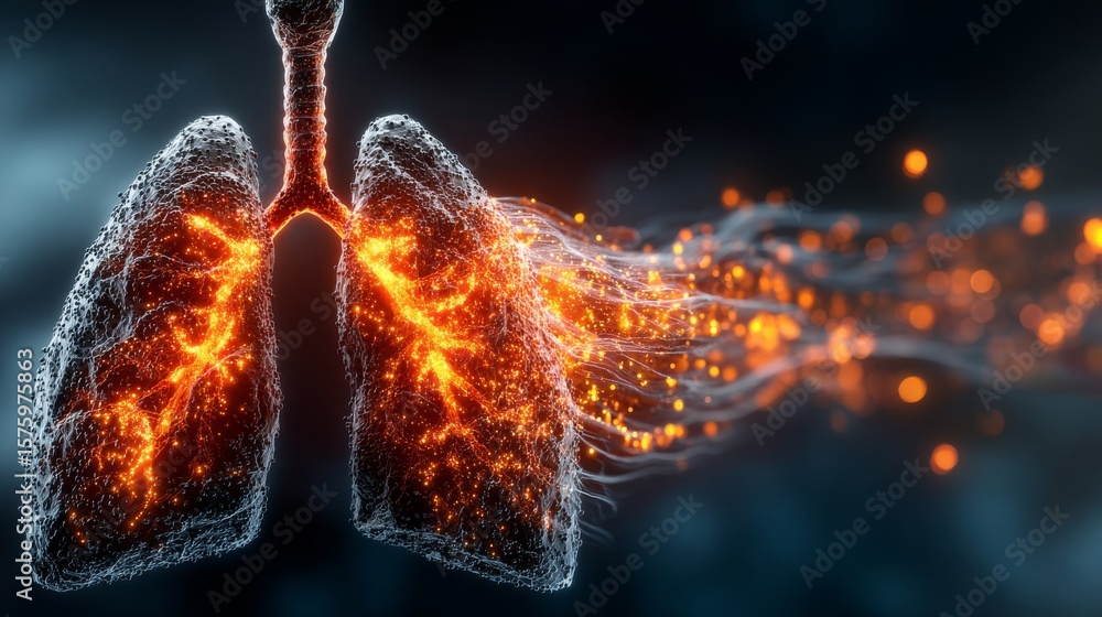 Obraz premium Detailed visualization of human lungs with intricate internal network, semi-transparent skeletal appearance, textured surface, glowing orange lines, and radiant particles.