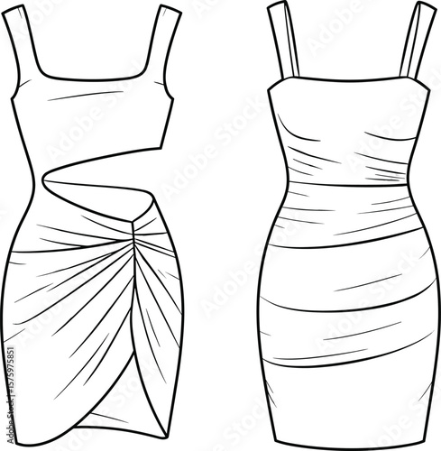 Fashionable women’s bodycon dresses, sleeveless CAD drawing, flat vector illustration, stylish ruched detail, cut-out pattern, apparel design template