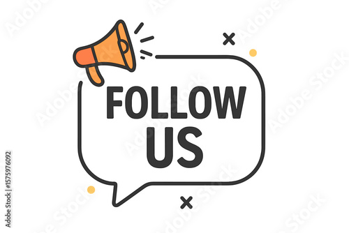 Follow us banner with megaphone. Speech bubble for social media post, marketing and advertising. Loudspeaker announcement for promotion, subscription and engagement online.